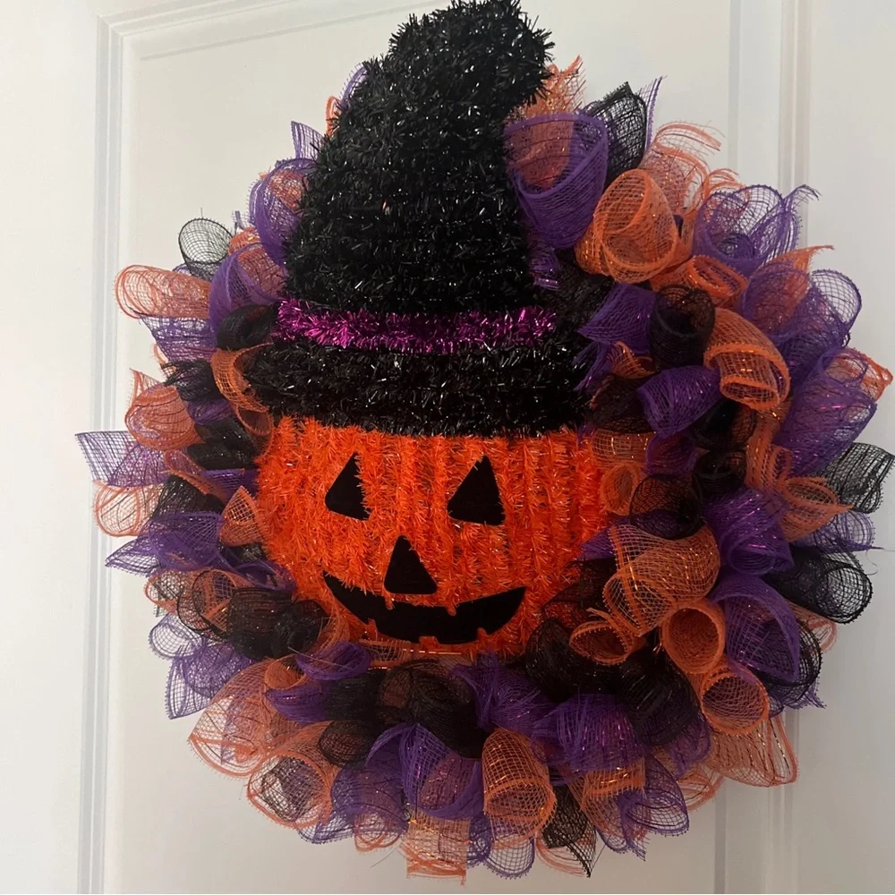 Homemade Halloween Pumpkin Decorative Mesh Purple, Orange and Black wreath